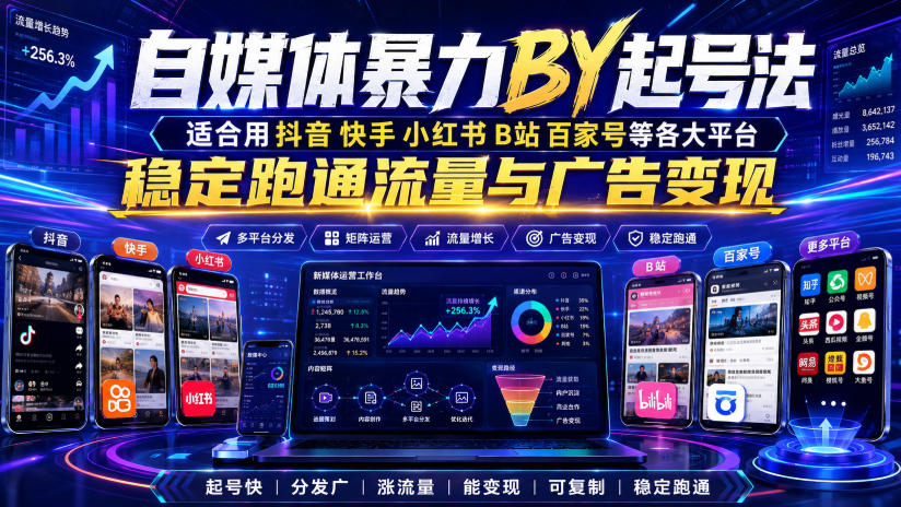 自媒体暴力搬运起号法，适合用抖音快手小红书B站百家号等各大平台，稳定跑通流量与广告变现-选优云网创