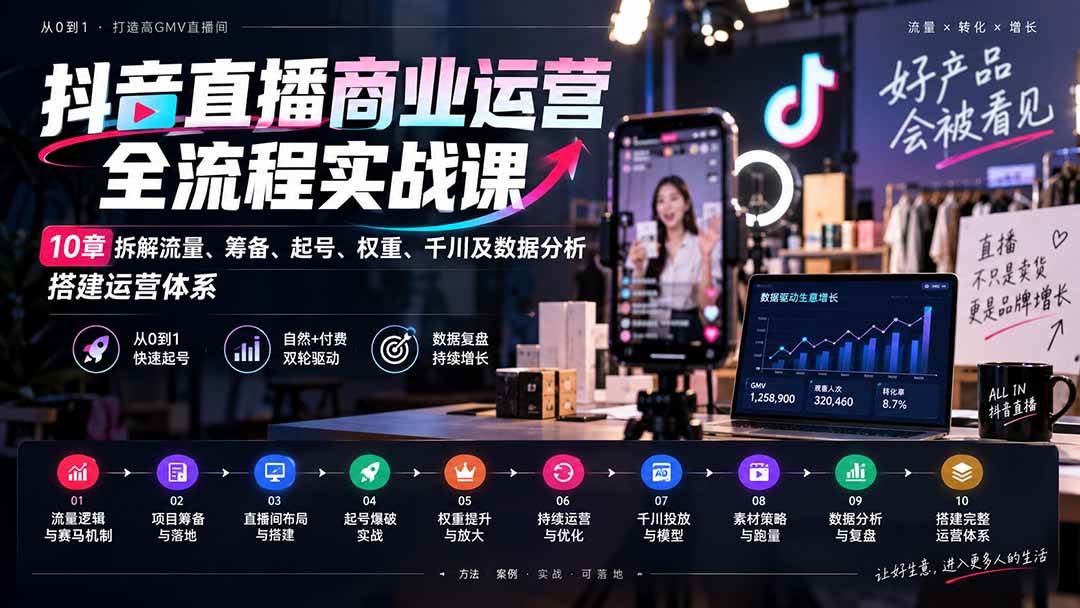 （20407期）抖音直播商业运营全流程实战课：10章拆解流量、筹备、起号、权重、千川及数据分析，搭建运营体系-选优云网创