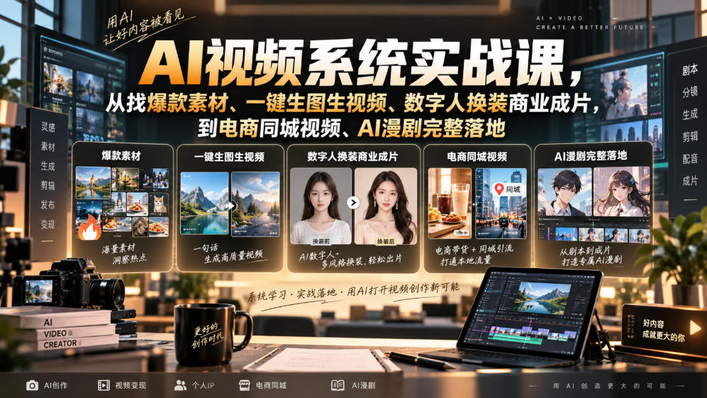 AI视频系统实战课,从找爆款素材、一键生图生视频、数字人换装商业成片,到电商同城视频、AI漫剧完整落地-选优云网创