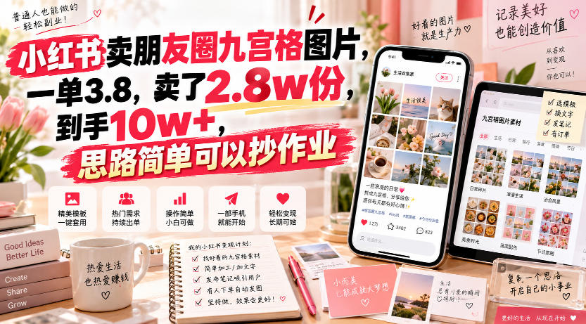 小红书卖朋友圈九宫格图片,一单3.8,卖了2.8w份,到手10w+,思路简单可以抄作业-选优云网创