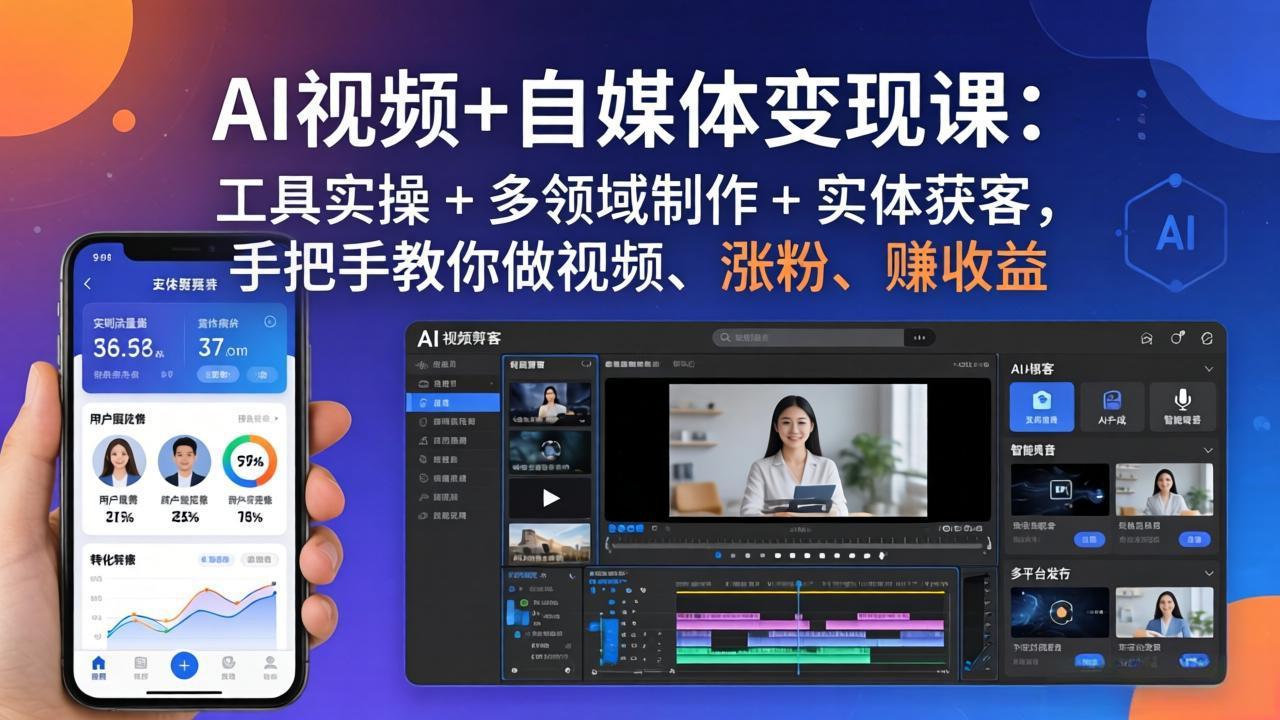 AI视频+自媒体变现课:工具实操 + 多领域制作 + 实体获客,手把手教你做视频、涨粉、赚收益-选优云网创