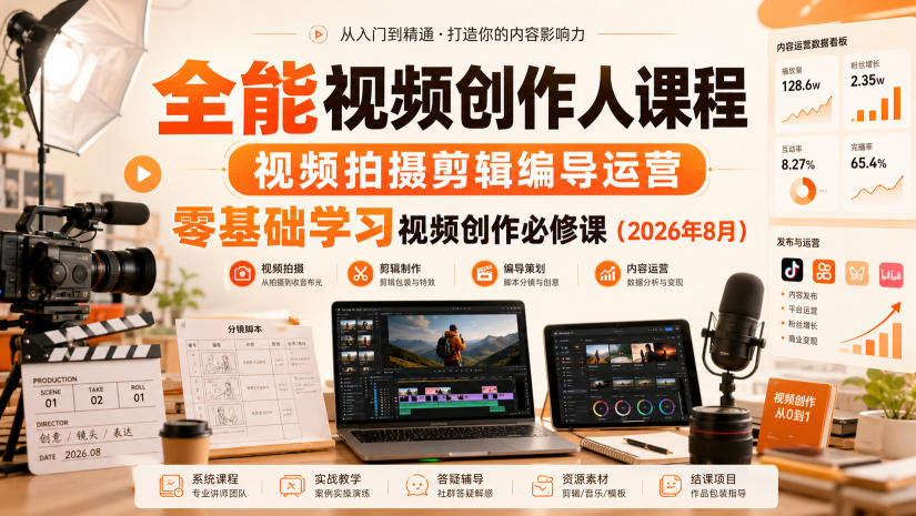 全能视频创作人课程，视频拍摄剪辑编导运营，零基础学习视频创作必修课(2026年8月)-选优云网创