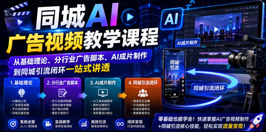 同城AI广告视频教学课程，从基础理论、分行业广告脚本、AI成片制作到同城引流闭环一站式讲透-选优云网创