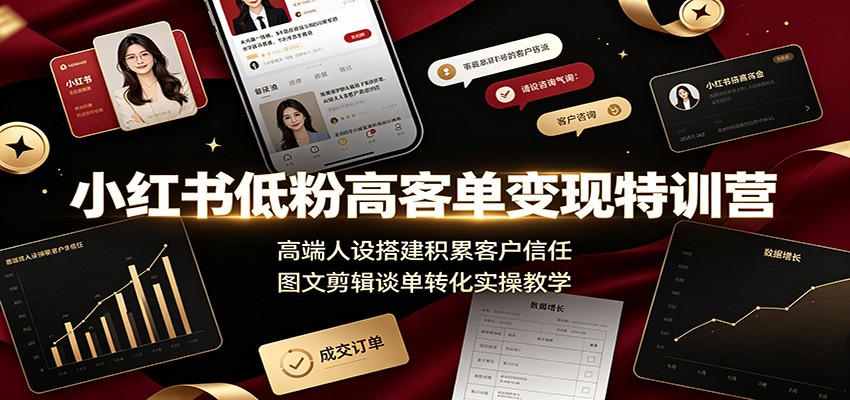 小红书低粉高客单变现特训营：高端人设搭建积累客户信任，图文剪辑谈单转化实操教学-选优云网创