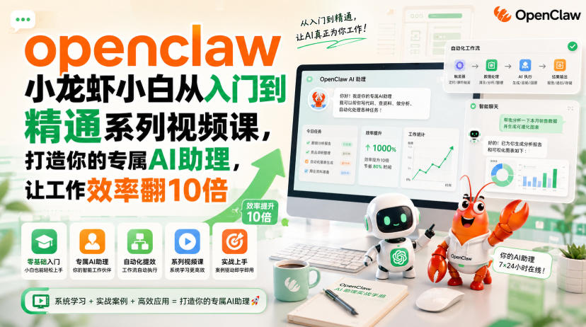 openclaw小龙虾小白从入门到精通系列视频课，打造你的专属AI助理，让工作效率翻10倍-选优云网创