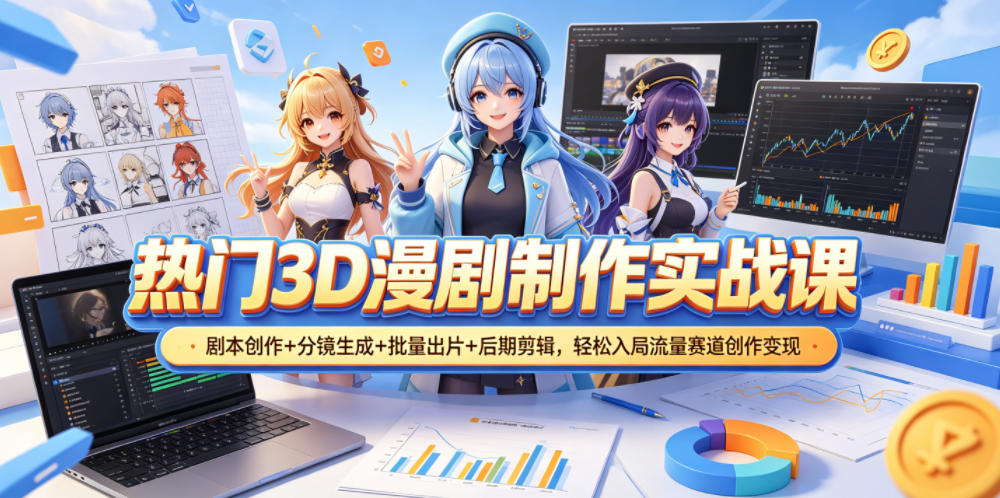 热门3D漫剧制作实战课，剧本创作+分镜生成+批量出片+后期剪辑，轻松入局流量赛道创作变现-选优云网创