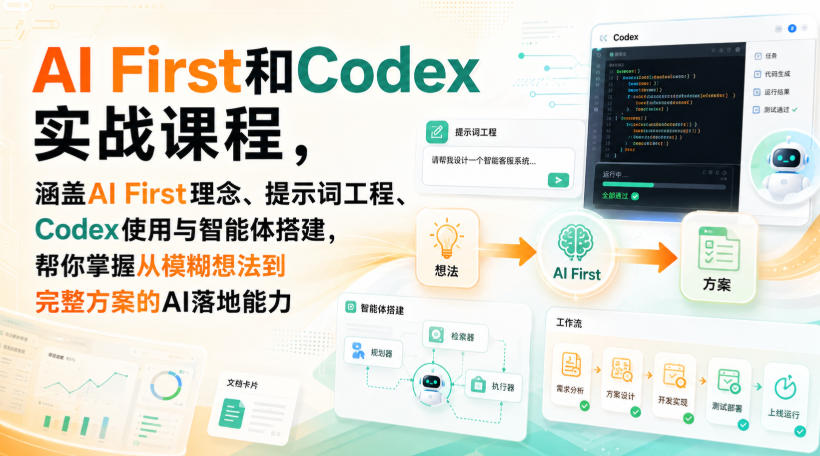 AI First和Codex实战课,涵盖AI First理念、提示词工程、Codex使用与智能体搭建,掌握从模糊想法到完整方案的AI落地能力-选优云网创