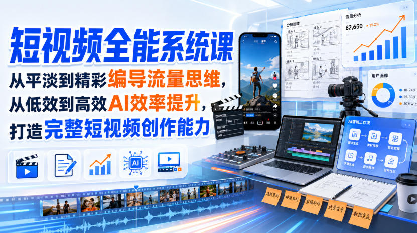 短视频全能系统课,从平淡到精彩编导流量思维,从低效到高效AI效率提升,打造完整短视频创作能力(2026年8月30更新233集)-选优云网创