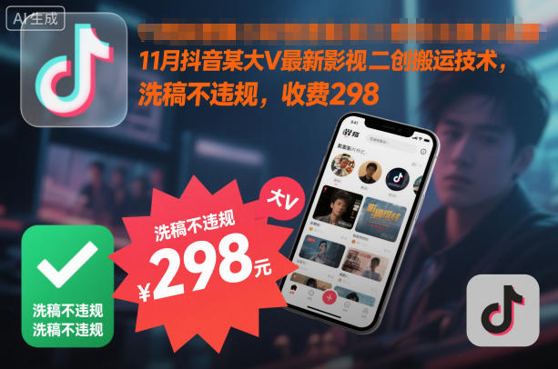 11月抖音某大V最新影视二创搬运技术，洗稿不违规，收费298-选优云网创