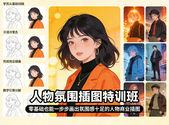 人物氛围插图特训班，零基础也能一步步画出氛围感十足的人物商业插图-选优云网创
