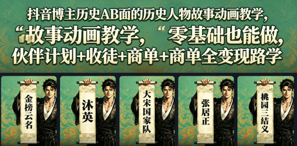 抖音博主历史AB面的历史人物故事动画教学，零基础也能做，伙伴计划+收徒+商单全变现路径教学-选优云网创