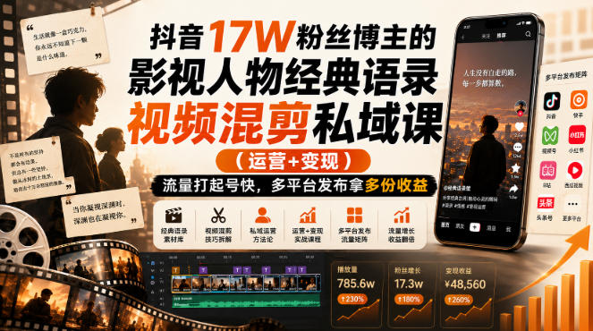 抖音17W粉丝博主的影视人物经典语录视频混剪私域课(运营+变现),流量大起号快,多平台发布拿多份收益-选优云网创