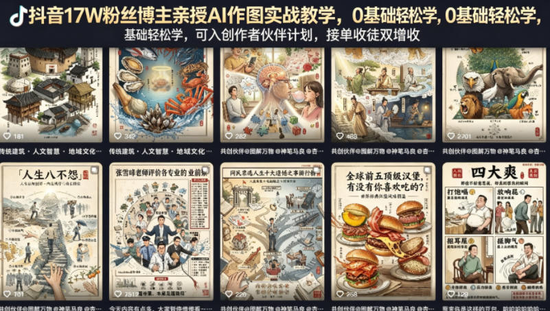 抖音17W粉丝博主亲授AI作图实战教学，0基础轻松学，可入创作者伙伴计划，接单收徒双增收-选优云网创