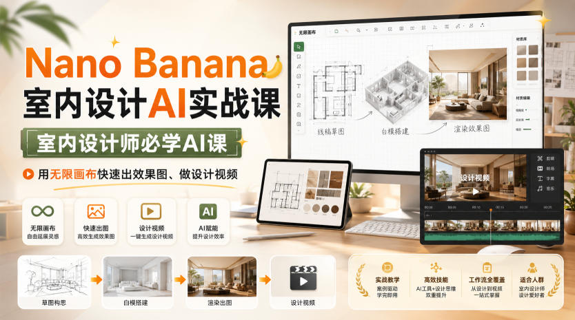 Nano Banana室内设计AI实战课，室内设计师必学AI课，用无限画布快速出效果图、做设计视频-选优云网创