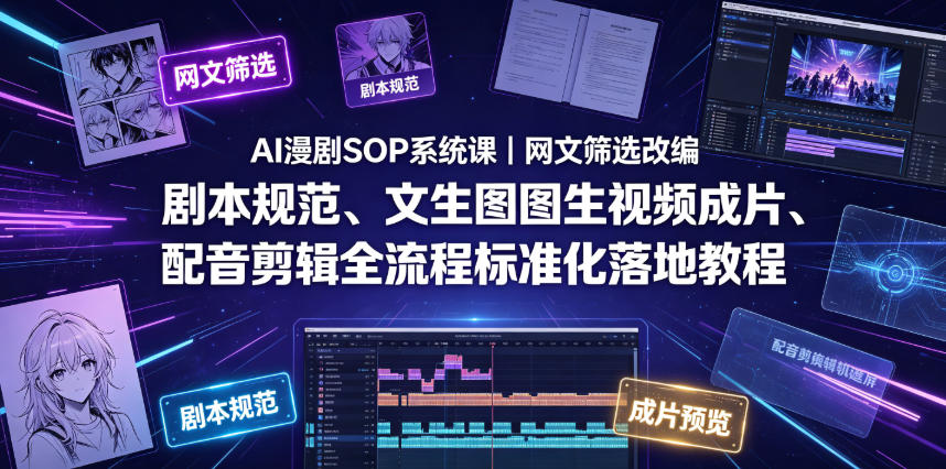 AI漫剧SOP系统课｜网文筛选改编、剧本规范、文生图图生视频成片、配音剪辑全流程标准化落地教程-选优云网创