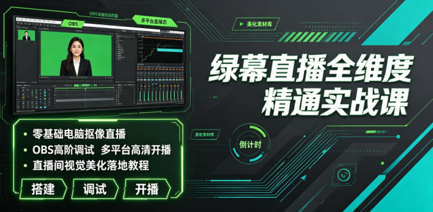 绿幕直播全维度精通实战课｜零基础电脑抠像直播、OBS高阶调试、多平台高清开播、直播间视觉美化落地教程-选优云网创