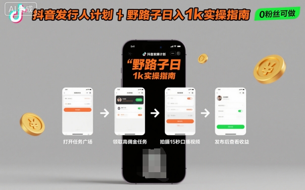 抖音发行人计划全新野路子玩法，随时随地，只要有手机，就能操作，日入1k+【揭秘】-选优云网创