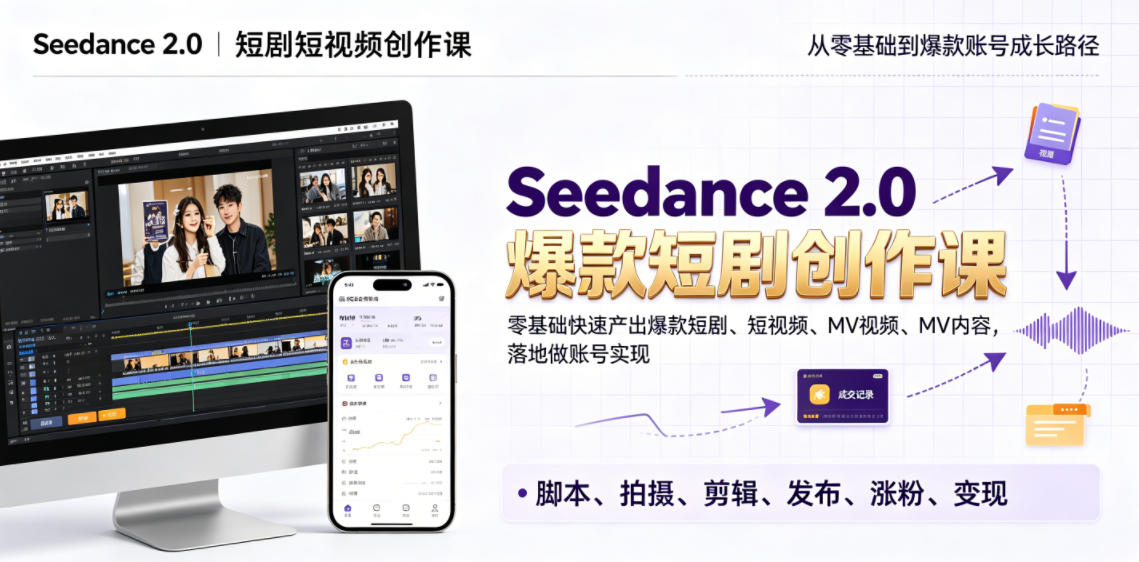 Seedance 2.0短剧短视频创作课,零基础快速产出爆款短剧、短视频、MV内容,落地做账号实现变现-选优云网创