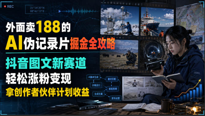 外面卖188的AI伪记录片掘金全攻略，抖音图文新赛道，轻松涨粉变现，拿创作者伙伴计划收益【文档】-选优云网创