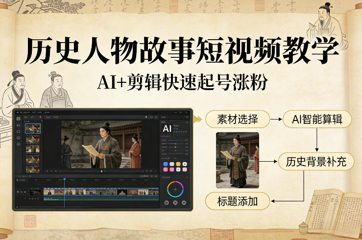 历史人物故事短视频教学，AI+剪辑制作历史人物题材短视频，快速起号涨粉-选优云网创