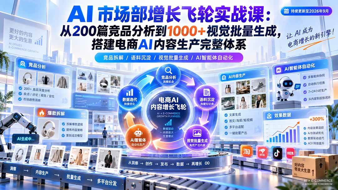 （20436期）AI 市场部增长飞轮实战课：从200篇竞品分析到1000+视觉批量生成，搭建电商AI内容生产完整体系-选优云网创