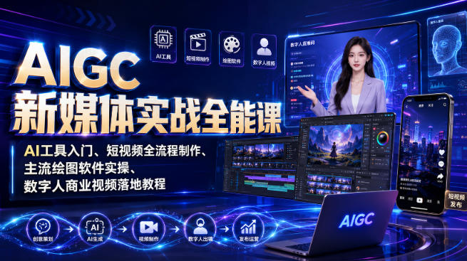 AIGC新媒体实战全能课｜AI工具入门、短视频全流程制作、主流绘图软件实操、数字人商业视频落地教程-选优云网创