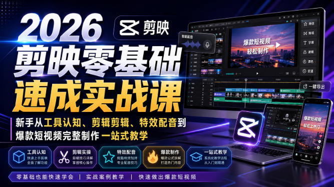 2026剪映零基础速成实战课｜新手从工具认知、剪辑剪辑、特效配音到爆款短视频完整制作一站式教学-选优云网创