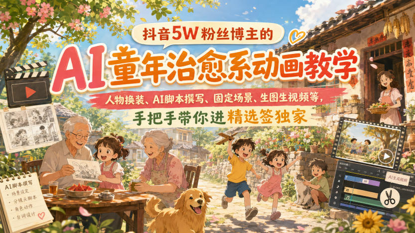 抖音5W粉丝博主的AI童年治愈系动画教学，人物换装、AI脚本撰写、固定场景、生图生视频等，手把手带你进精选签独家-选优云网创