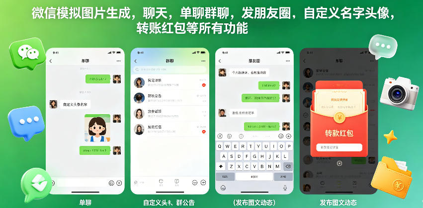 微信模拟图片生成，聊天，单聊群聊，发朋友圈，自定义名字头像，转账红包等所有功能都可以生成-选优云网创