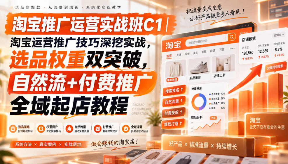 淘宝推广运营实战班C1｜淘宝运营推广技巧深挖实战，选品权重双突破，自然流+付费推广全域起店教程-选优云网创