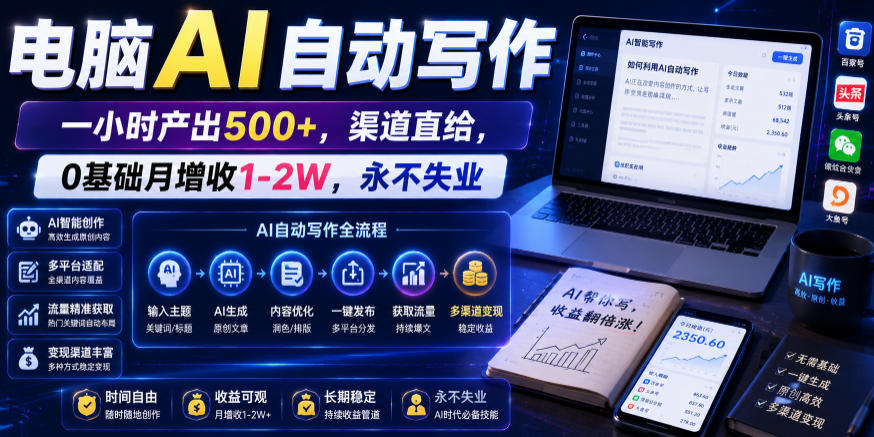 电脑AI自动写作，一小时产出500+，渠道直给，0基础月增收1-2W，永不失业【揭秘】-选优云网创