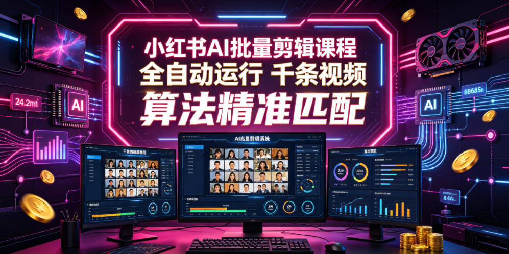 小红书AI批量剪辑课程，24小时全自动运行，解放双手专注运营，千条视频批量处理，小红书算法精准匹配-选优云网创