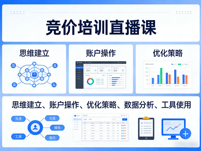 竞价培训直播课，覆盖思维建立、账户操作、优化策略、数据分析、工具使用等，全方位提升效果-选优云网创