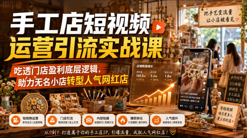 手工店短视频运营引流实战课，吃透门店盈利底层逻辑，助力无名小店转型人气网红店-选优云网创