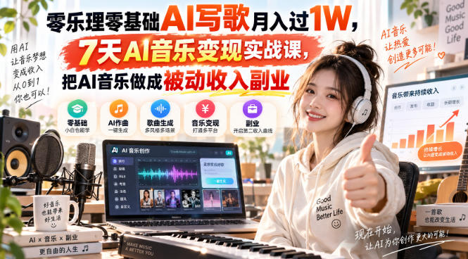 零乐理零基础AI写歌月入过1W，7天AI音乐变现实战课，把AI音乐做成被动收入副业-选优云网创