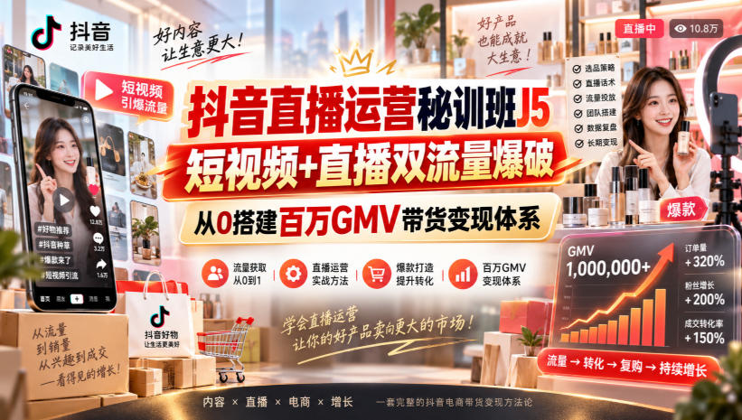 抖音直播运营秘训班J5｜短视频+直播双流量爆破，从0搭建百万GMV带货变现体系-选优云网创