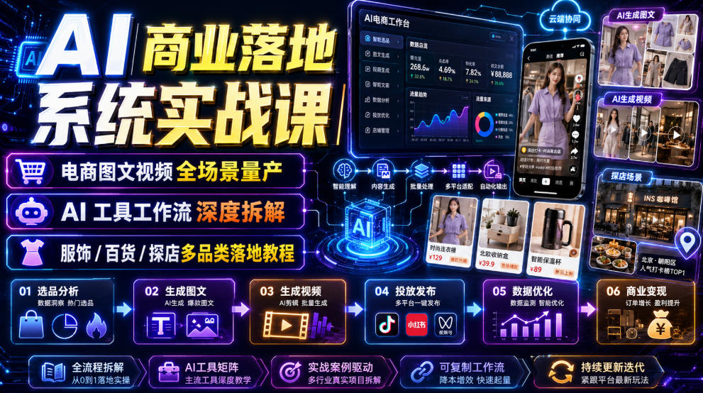 AI商业落地系统实战课｜电商图文视频全场景量产・AI工具工作流深度拆解・服饰/百货/探店多品类落地教程-选优云网创
