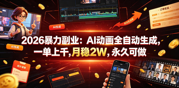 2026暴力副业：AI动画全自动生成，一单上千，月稳2W，永久可做【揭秘】-选优云网创