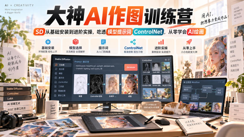 大神AI作图训练营，SD从基础安装到进阶实操，吃透模型提示词ControlNet，从零学会AI绘画-选优云网创