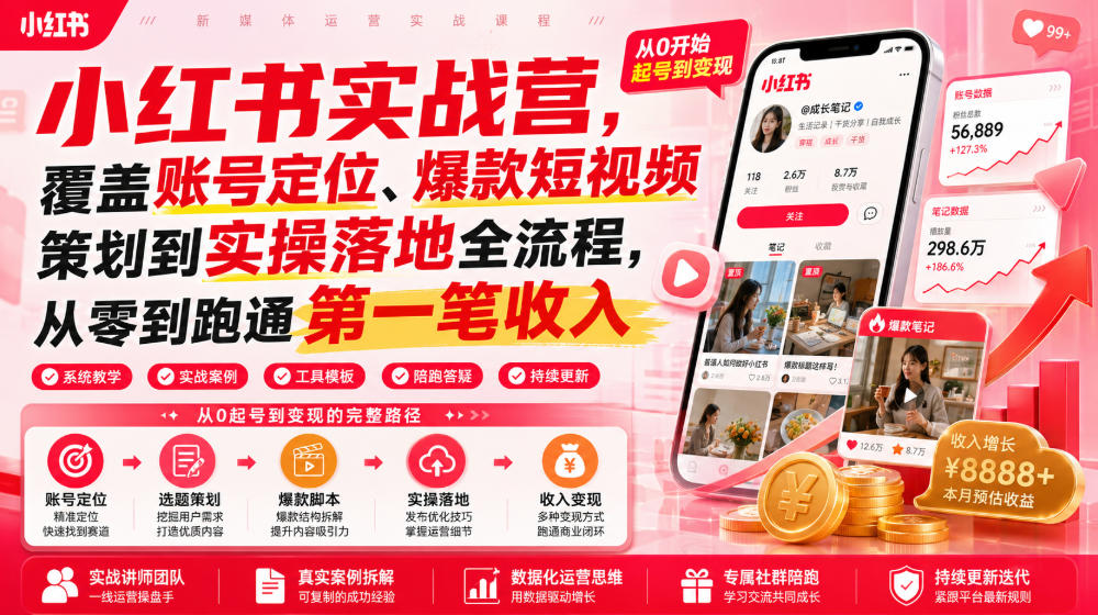 小红书实战营,覆盖账号定位、爆款短视频策划到实操落地全流程,从零到跑通第一笔收入-选优云网创