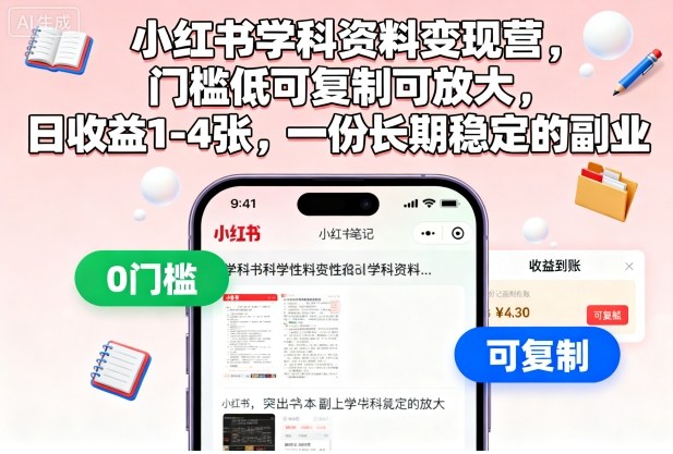 小红书学科资料变现营，门槛低可复制可放大，日收益1-4张，一份长期稳定的副业-选优云网创