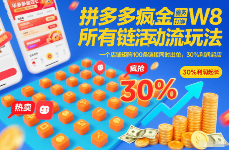 拼多多疯狂活动流玩法，所有链接全部打标，一个店铺矩阵100条链接同时出单，30%利润起店-选优云网创