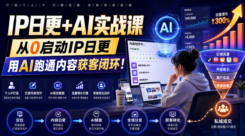 IP日更+AI实战课，从0启动IP日更，IP置顶视频制作+100条选题库搭建+10条日更规划，用AI跑通内容获客闭环!-选优云网创