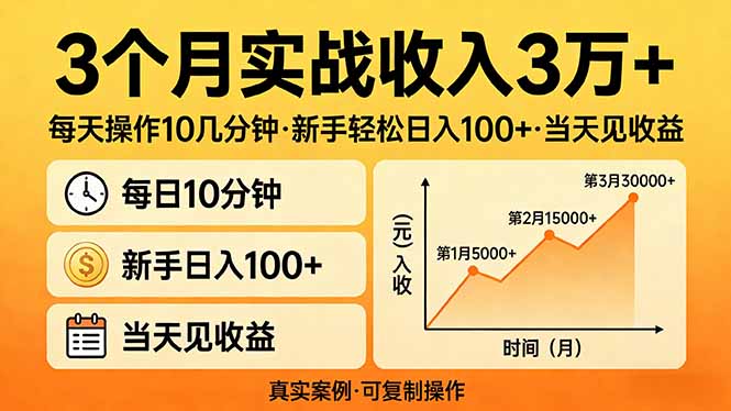 3个月实战收入3万+，每天操作10几分钟，新手轻松日入100+，当天见收益-选优云网创
