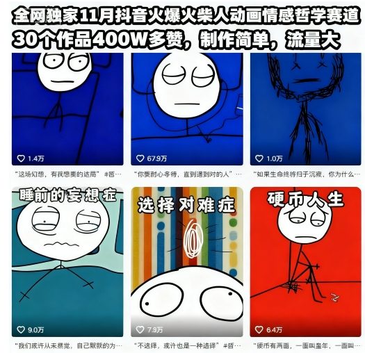 全网独家11月抖音火爆火柴人动画情感哲学赛道，30个作品400W多赞，制作简单，流量大【教学+素材】-选优云网创
