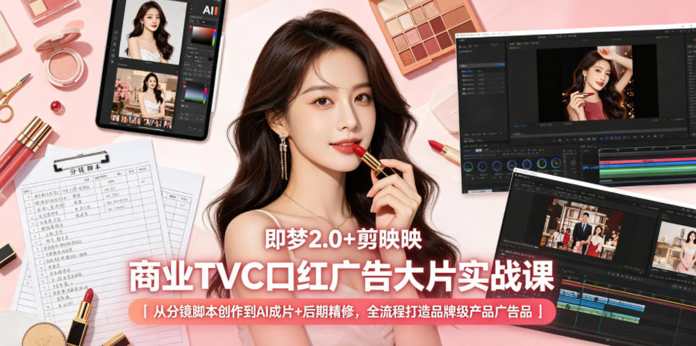 即梦2.0+剪映商业TVC口红广告大片实战课|从分镜脚本创作到AI成片+后期精修,全流程打造品牌级产品广告-选优云网创