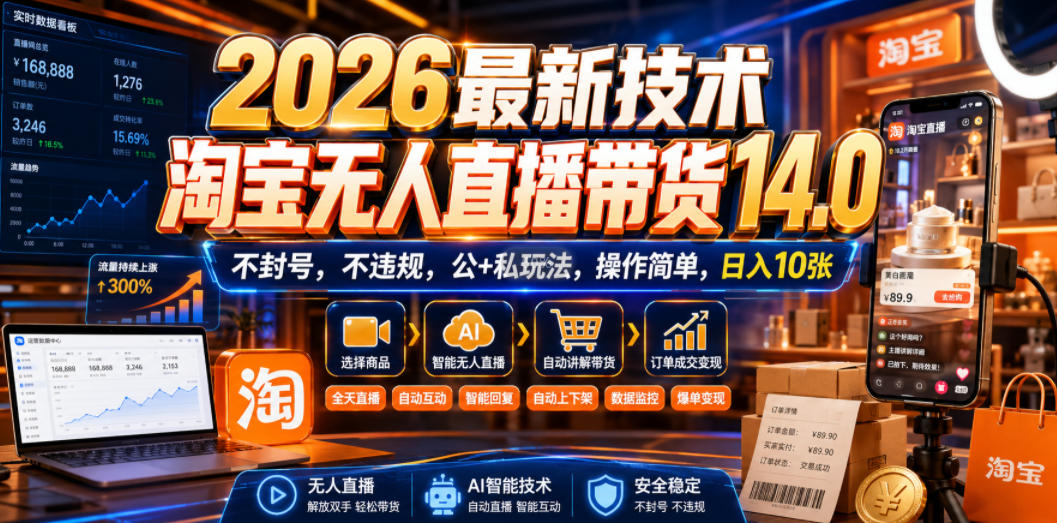 2026最新技术，淘宝无人直播带货14.0，不封号，不违规，公+私玩法，操作简单，日入10张【揭秘】-选优云网创