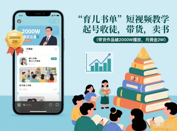 育儿书单短视频教学,起号收徒,带货,卖书(带货作品破2000W播放,月佣金2W)-选优云网创