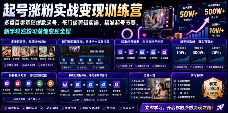 苗子起号涨粉实战变现训练营，多类目零基础爆款起号、精准起号节奏、新手稳涨粉可落地变现全课-选优云网创
