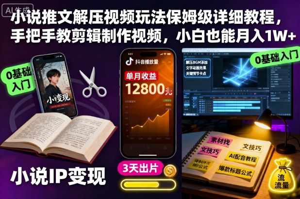 小说推文解压视频玩法保姆级详细教程，手把手教剪辑制作视频，小白也能月入1W+-选优云网创